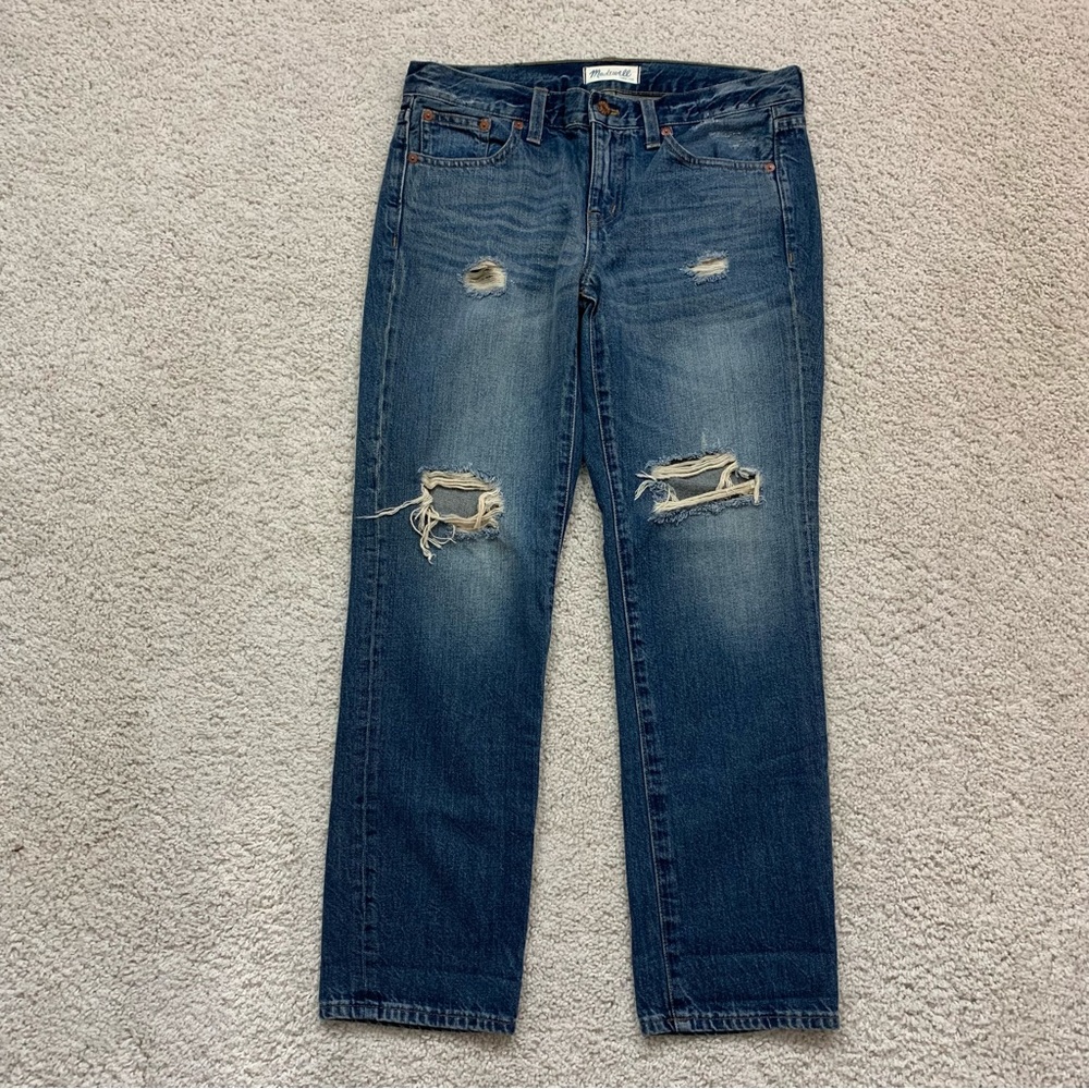 Women's MADEWELL Mid Rise DISTRESSED Indigo Blue DENIM Straight Leg BOY JEANS 26